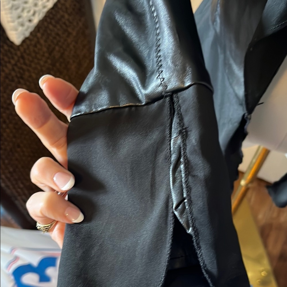Black Leather Jacket with Ruffled Front - Picture 2 of 5